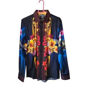 Barabas Hibiscus Rhinestone Long Sleeve Men's Shirt Size Small